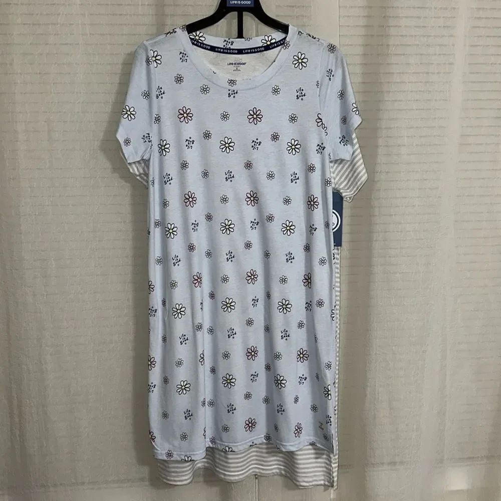 Life is Good S Intimates Set of Two Gray White Stripe Blue Floral Sleep Shirts